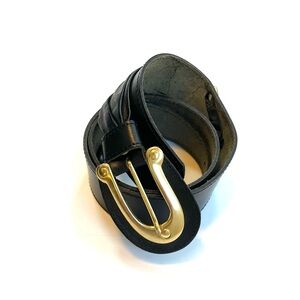 Vintage Black Leather Belt With Gold Hardware